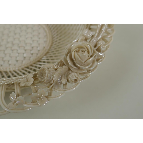 4 - A Belleek porcelain second period (1890-1920) basket with a three strand lattice base, thorny twig h... 