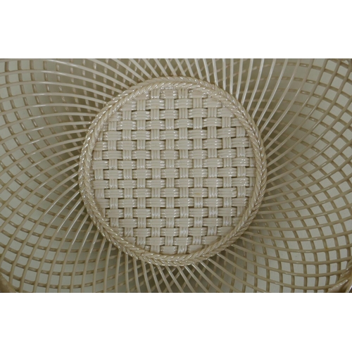 4 - A Belleek porcelain second period (1890-1920) basket with a three strand lattice base, thorny twig h... 