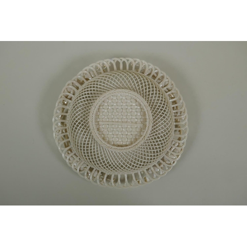 4 - A Belleek porcelain second period (1890-1920) basket with a three strand lattice base, thorny twig h... 