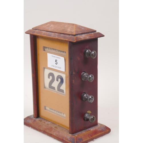 5 - Early C20th mahogany perpetual desk calendar, 17 x 13 x 8cm