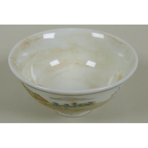 53 - Chinese porcelain bowl decorated with a landscape and poem verso, inscribed to base, 9.5cm diameter... 