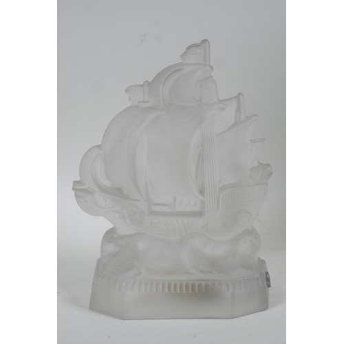 58 - Art Deco etched and pressed glass table lamp in the form of a galleon, by Josef Riedel, Uterpola, Cz... 