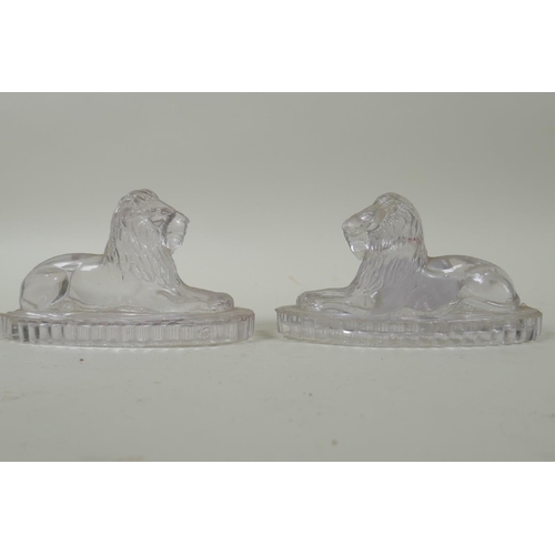 6 - A pair of John Derbyshire pressed glass Chatsworth lions, 11.5cm long, and an etched pressed glass f... 