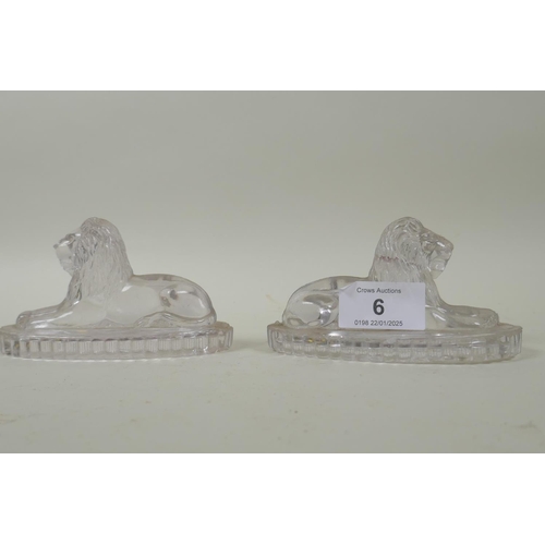 6 - A pair of John Derbyshire pressed glass Chatsworth lions, 11.5cm long, and an etched pressed glass f... 