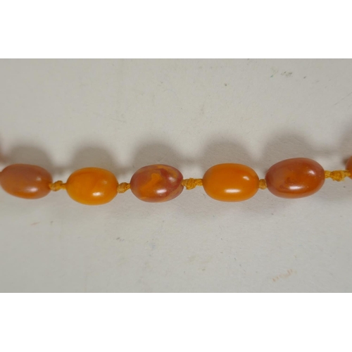 601 - A vintage butterscotch amber bead necklace, 105cm long, 51 graduated beads, largest 23mm, smallest 1... 