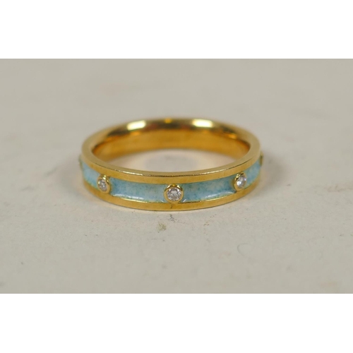 604 - 18ct gold and enamel eternity ring set with eight diamonds, size Q, 5.6g