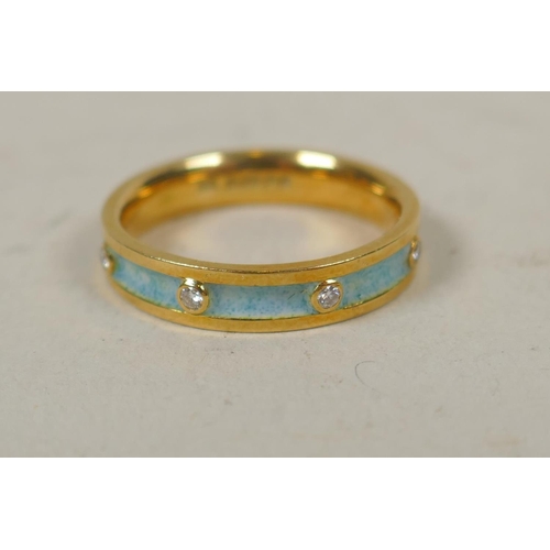 604 - 18ct gold and enamel eternity ring set with eight diamonds, size Q, 5.6g