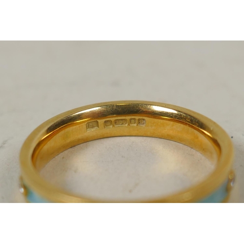 604 - 18ct gold and enamel eternity ring set with eight diamonds, size Q, 5.6g