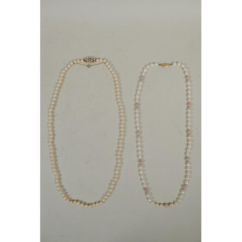 607 - Pearl necklace with 9ct gold clasp set with seed pearls and turquoise, 60cm; and another pearl neckl... 