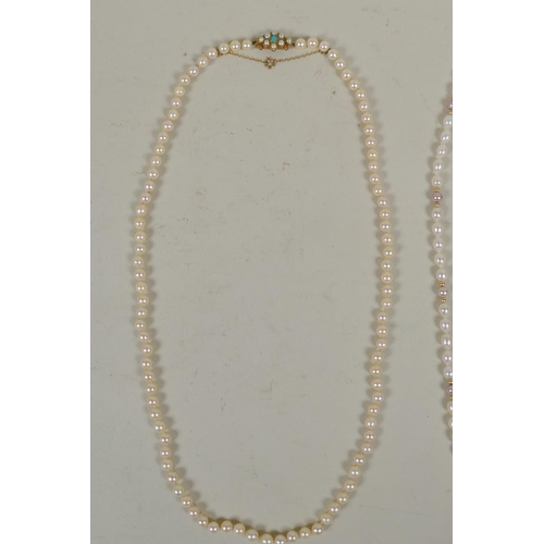 607 - Pearl necklace with 9ct gold clasp set with seed pearls and turquoise, 60cm; and another pearl neckl... 