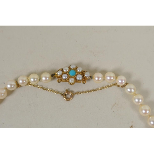 607 - Pearl necklace with 9ct gold clasp set with seed pearls and turquoise, 60cm; and another pearl neckl... 