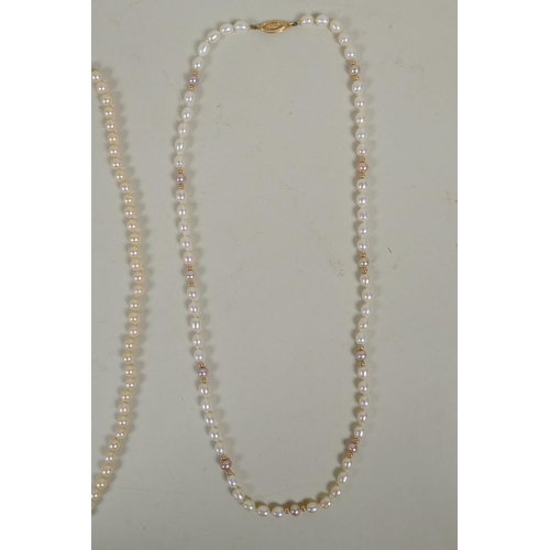 607 - Pearl necklace with 9ct gold clasp set with seed pearls and turquoise, 60cm; and another pearl neckl... 