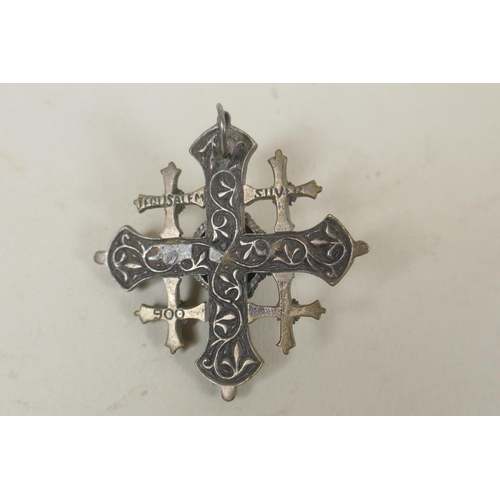 612 - Collection of silver costume jewellery, Jerusalem silver cross, brooch with two doves, crucifix, sil... 