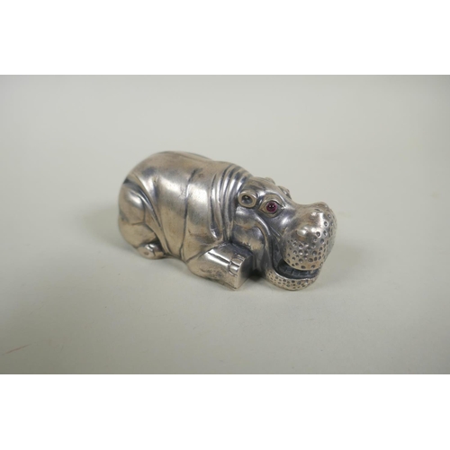 614 - A Faberge style silver hippo, impressed marks to base, 82g