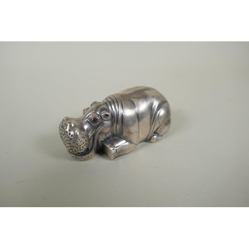 614 - A Faberge style silver hippo, impressed marks to base, 82g