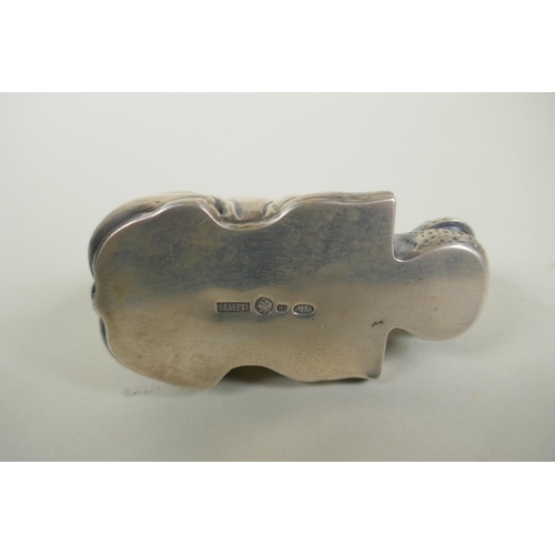 614 - A Faberge style silver hippo, impressed marks to base, 82g