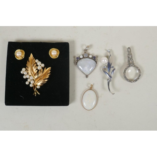 617 - Trifari faux pearl and yellow metal brooch and earring set, 'Bliss' white metal and faux pearl brooc... 