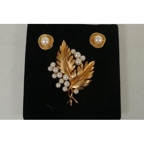 617 - Trifari faux pearl and yellow metal brooch and earring set, 'Bliss' white metal and faux pearl brooc... 