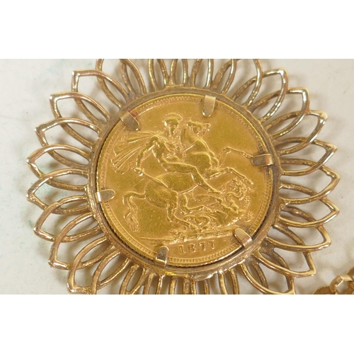 618 - 1877 gold sovereign in 9ct mount with chain, chain 9.8g, mount and sovereign, 12.8g