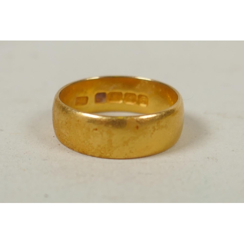 619 - Two 22ct gold wedding bands, size K and Q, 10.5g gross, and one 18ct gold wedding band, size Q, 3.4g