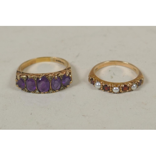 627 - 9ct gold ring set with five amethysts, size Q/R, 4.9g, and a 9ct gold half eternity ring set with se... 