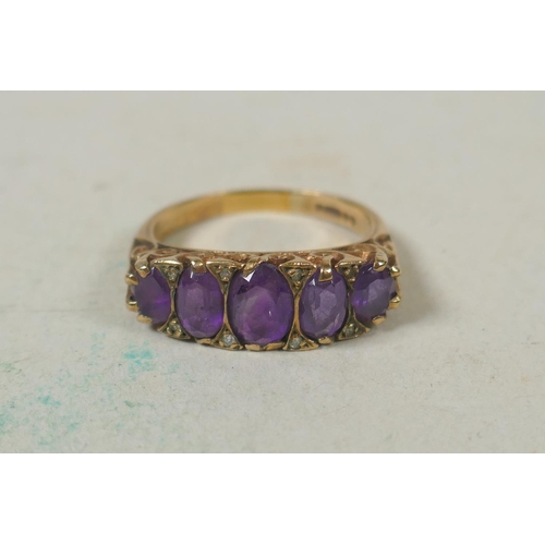 627 - 9ct gold ring set with five amethysts, size Q/R, 4.9g, and a 9ct gold half eternity ring set with se... 