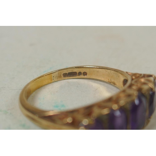 627 - 9ct gold ring set with five amethysts, size Q/R, 4.9g, and a 9ct gold half eternity ring set with se... 