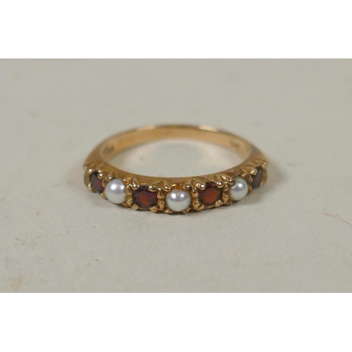 627 - 9ct gold ring set with five amethysts, size Q/R, 4.9g, and a 9ct gold half eternity ring set with se... 