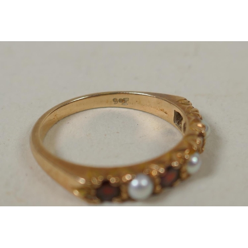 627 - 9ct gold ring set with five amethysts, size Q/R, 4.9g, and a 9ct gold half eternity ring set with se... 