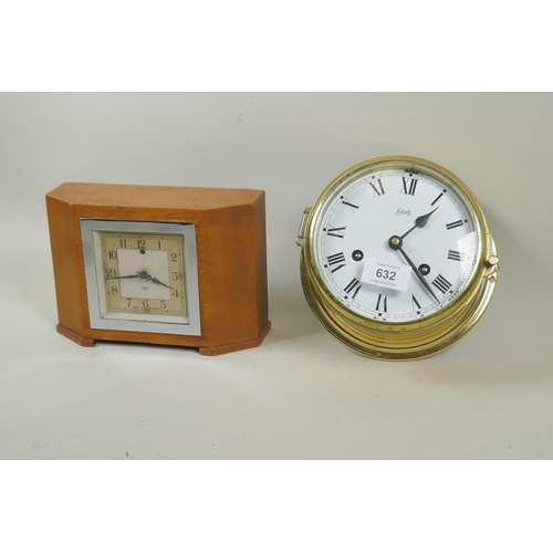 632 - Schatz brass marine bulkhead clock, spring driven movement with bell, 18cm diameter x 10cm, and a Sm... 