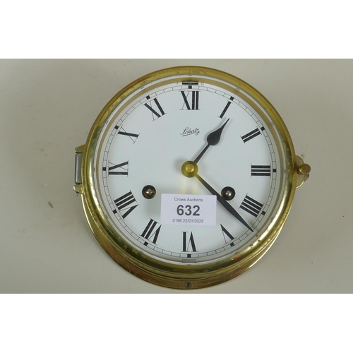 632 - Schatz brass marine bulkhead clock, spring driven movement with bell, 18cm diameter x 10cm, and a Sm... 