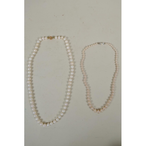 634 - Pearl necklace with 9ct clasp, and another with 925 silver clasp, largest 52cm