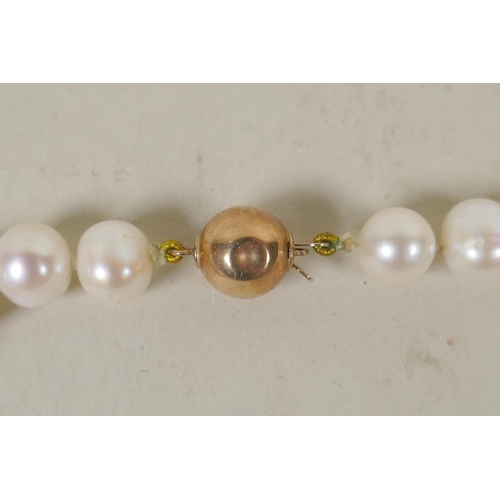 634 - Pearl necklace with 9ct clasp, and another with 925 silver clasp, largest 52cm