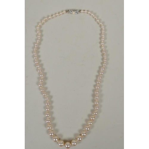 634 - Pearl necklace with 9ct clasp, and another with 925 silver clasp, largest 52cm