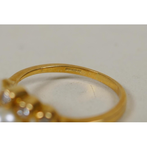 638 - 18ct gold ring set with two pearls and six small diamonds, size O/P, 3.5g gross