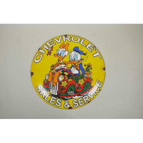 64 - A vintage style 'Chevrolet' enamel advertising sign, 30cm diameter