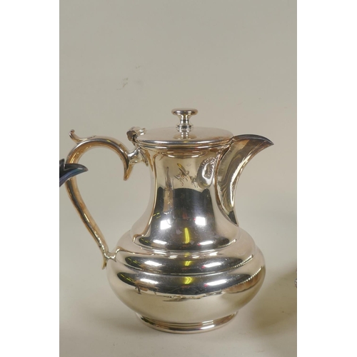 658 - A silver plated spirit kettle with stand, tea pot and fluted bowl, silver and mother of pearl knives... 