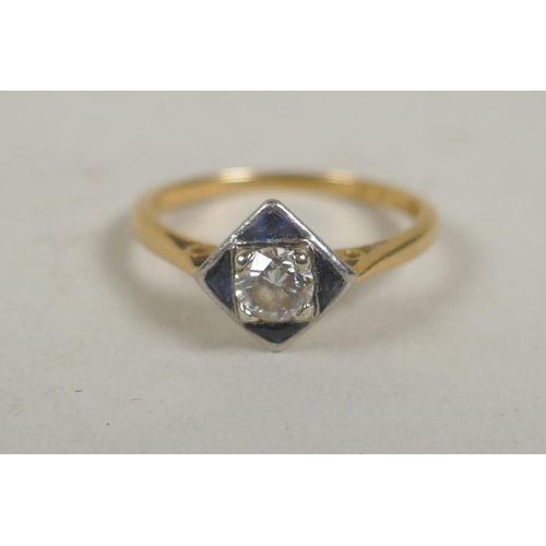 661 - An 18ct gold, diamond and sapphire ring with platinum mount, size L, approx 0.2ct, 2.4g gross