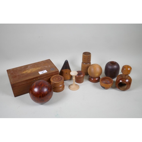 67 - A collection of treen and inlaid box, 23 x 13 x 8cm