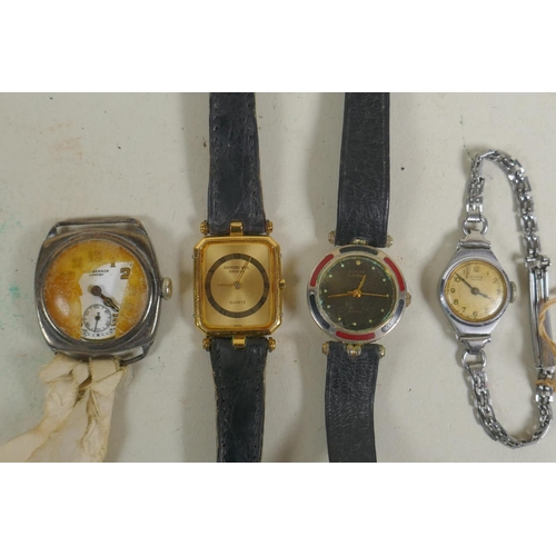 673 - Four vintage wrist watches including a silver cased J. W. Benson watch, AF; a Raymond Weil 18ct gold... 