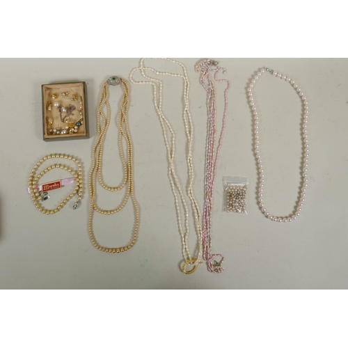 674 - A collection of pearl necklaces, pendants, studs, earrings and loose beads