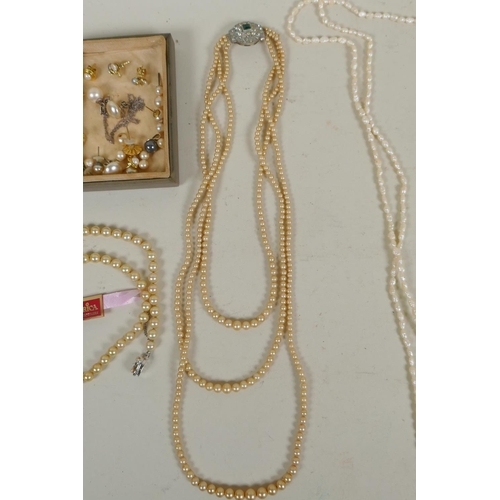 674 - A collection of pearl necklaces, pendants, studs, earrings and loose beads