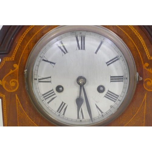 679 - Victorian inlaid mahogany mantel clock, with silvered dial and Roman numerals, the spring movement s... 