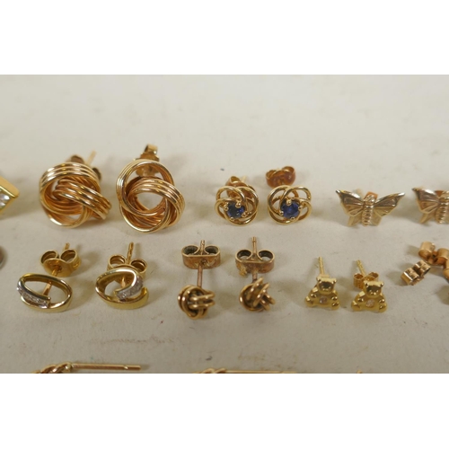 680 - A collection of 9ct, 14ct and 18ct gold and yellow metal earrings, 41g total weight, 9ct, 8g; 14ct, ... 