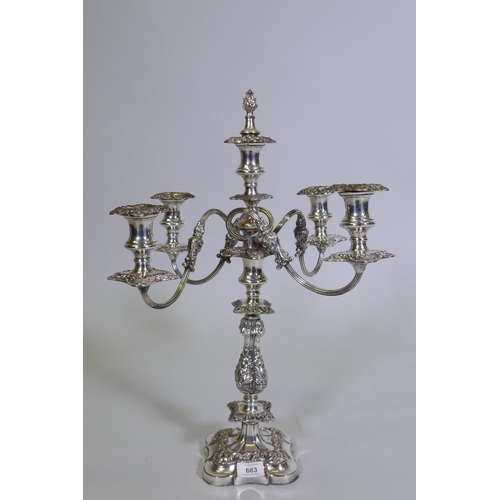 683 - A Sheffield silver plated four branch candelabra, 55cm high