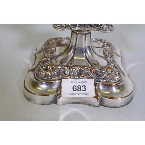 683 - A Sheffield silver plated four branch candelabra, 55cm high