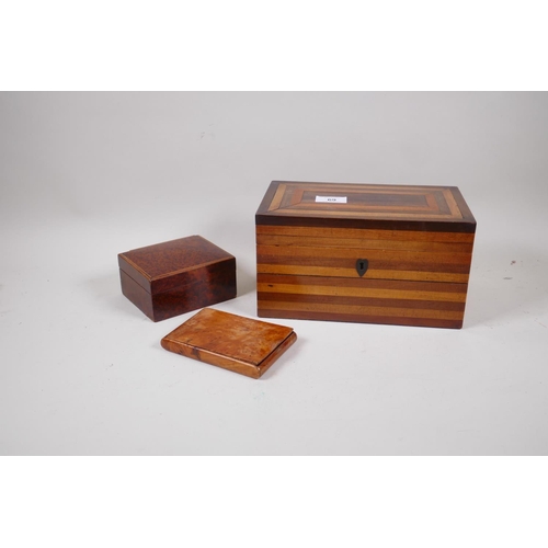 69 - A block wood constructed twin division tea caddy, Victorian amboyna box and burr walnut cigar case, ... 