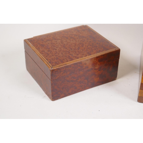 69 - A block wood constructed twin division tea caddy, Victorian amboyna box and burr walnut cigar case, ... 