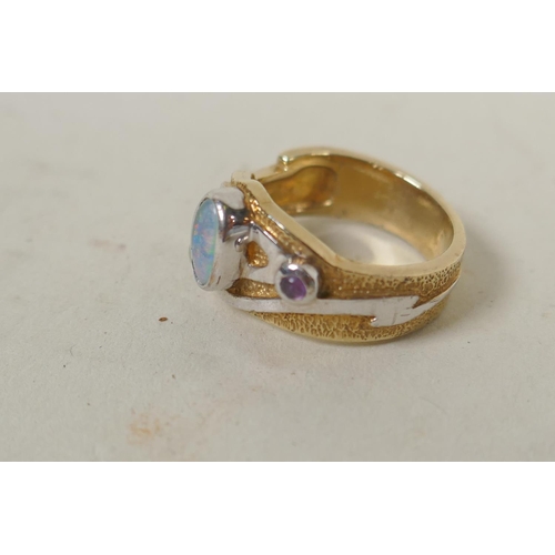 691 - A Clogau Welsh 9ct gold, opal and amethyst set ring, 6g, size J