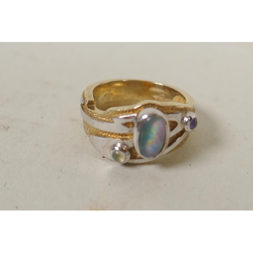 691 - A Clogau Welsh 9ct gold, opal and amethyst set ring, 6g, size J